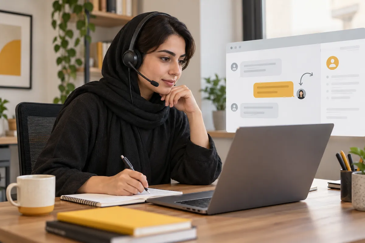 کارشناس با هدست در حال بررسی رابط پاسخگویی مشتری